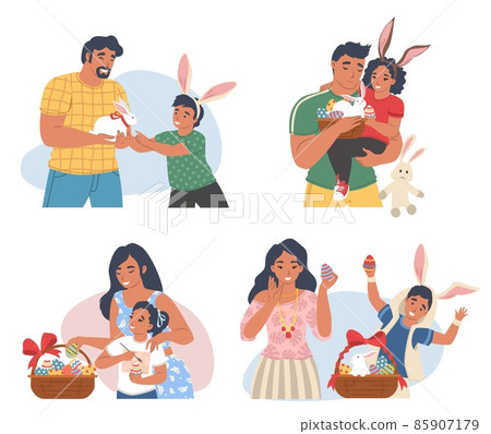 Family Easter celebration scene set, vector illustration. Spring season holiday with bunny, decorated eggs, cake, basket Family Easter celebration scene set, vector illustration. Spring season holiday with bunny, decorated eggs, cake, basket 85907179