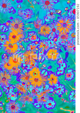 Bright psychedelic colored orange summer flowers pattern background Bright psychedelic colored orange summer flowers pattern background 85907192