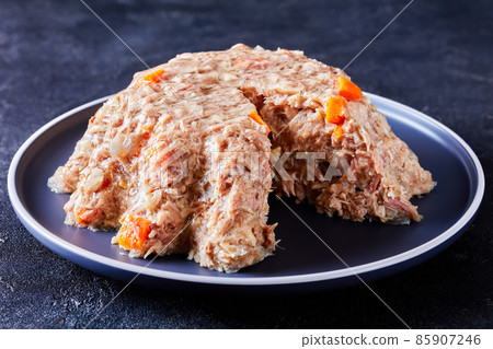 meat aspic, jellied slow cooked meat on a plate meat aspic, jellied slow cooked meat on a plate 85907246