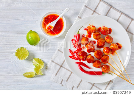 Luk Chin Ping, thai meatball skewers, top view 85907249