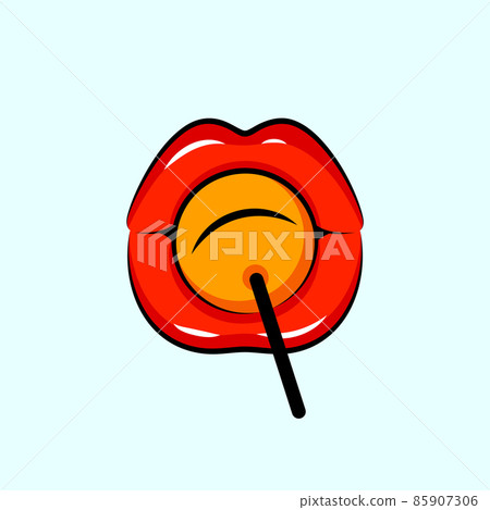 Mouth licking lollipop, red lips and candy 85907306