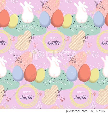 Happy Easter hand drawn seamless pattern with eggs and rabbits Happy Easter hand drawn seamless pattern with eggs and rabbits 85907407