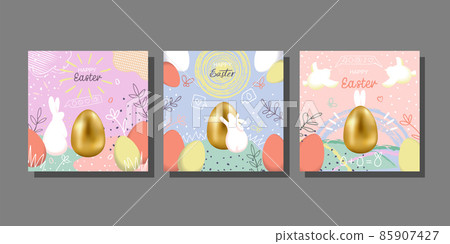 Happy Easter Covers hand drawn set with gold... - Stock Illustration ...