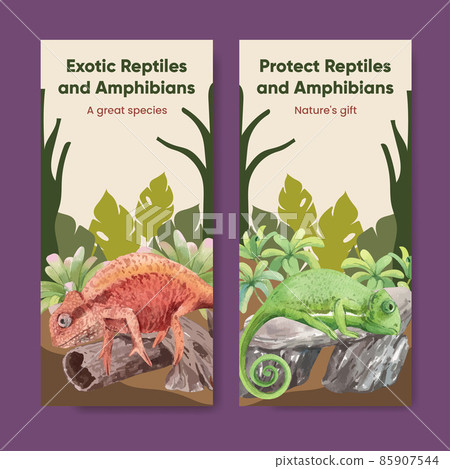 Flyer template with reptiles and amphibians animal concept,watercolor style 85907544