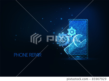 Futuristic phone repair service concept with glowing low polygonal smartphone, wrench and gear Futuristic phone repair service concept with glowing low polygonal smartphone, wrench and gear 85907929