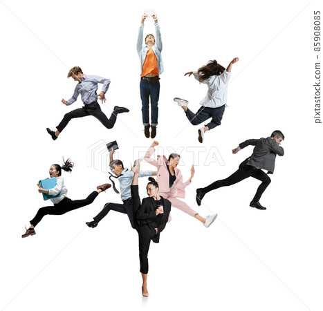 Set of young office workers jumping and dancing in casual and business style clothes with folders, coffee, tablet on white background. 85908085