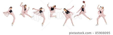 Set of excited, cheerful girl, office worker dancing, singing in business style clothes on white. Business, working open-space, motion and action concept. Creative collage. 85908095