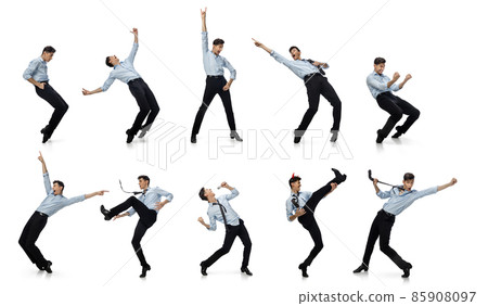 Excited, cheerful office worker dancing, singing in business style clothes or suit on white. Business, working open-space, motion and action concept. Creative collage. Excited, cheerful office worker dancing, singing in business style clothes or suit on white. Business, working open-space, motion and action concept. Creative collage. 85908097
