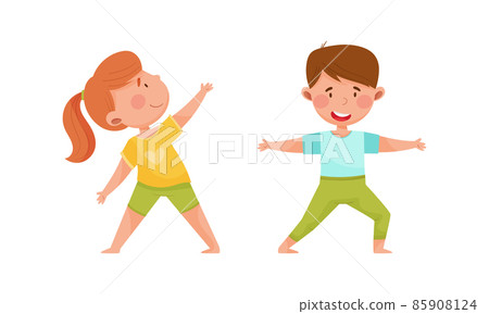 Kids doing yoga in different yoga poses. Boy and girl doing sports exercises cartoon vector illustration Kids doing yoga in different yoga poses. Boy and girl doing sports exercises cartoon vector illustration 85908124