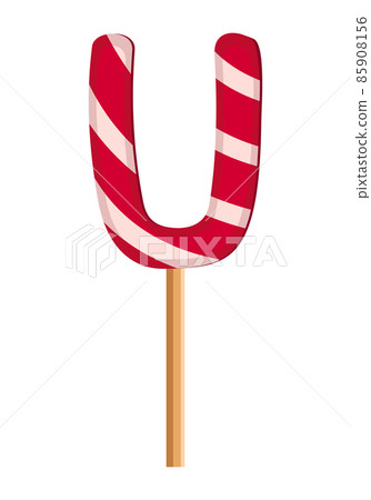 Letter U from striped red and white lollipops. Festive font or decoration for holiday or party. Vector flat illustration Letter U from striped red and white lollipops. Festive font or decoration for holiday or party. Vector flat illustration 85908156