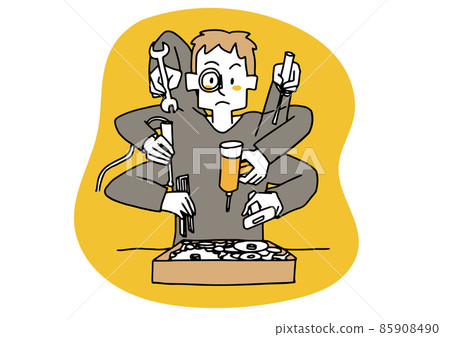 A man who masters various tools and repairs machines. A warm-hearted illustration of a person with an inquisitive mind and a search for ideas. 85908490