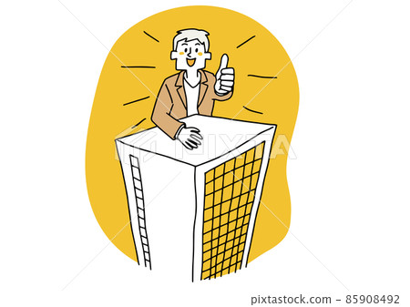A man who succeeded in starting a business. A concept art that leans against a building and gives a thumbs up. A warm hand-painted person. 85908492