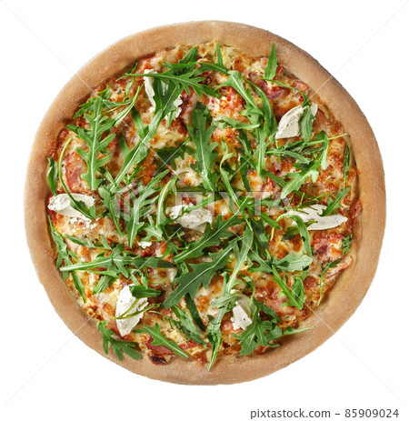Top view of pizza with ham under melted mozzarella, cream cheese with herbs, fresh arugula isolated on white Top view of pizza with ham under melted mozzarella, cream cheese with herbs, fresh arugula isolated on white 85909024