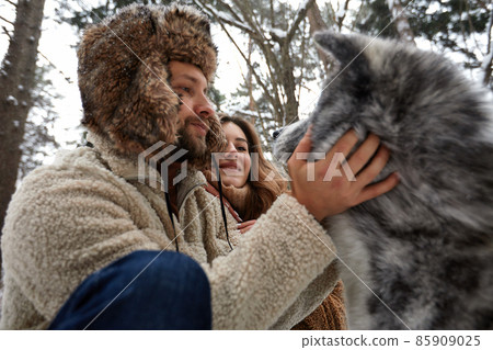 Happy young couple in winterwear playing with purebred siberian husky and having fun in snowbound pine forest Happy young couple in winterwear playing with purebred siberian husky and having fun in snowbound pine forest 85909025
