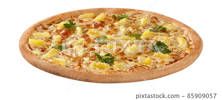 Classic Hawaiian pizza with cream cheese sauce, mozzarella, chicken and pineapple sprinkled with sesame 85909057
