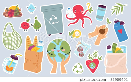 Zero waste stickers. Kitchen bamboo tools, sorting garbage and reusable items. Eco prints, no plastic and safety environment, decent vector set Zero waste stickers. Kitchen bamboo tools, sorting garbage and reusable items. Eco prints, no plastic and safety environment, decent vector set 85909491