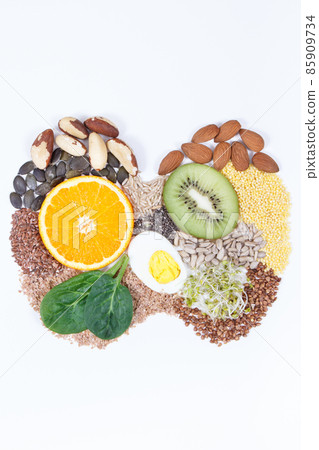 Best food for healthy thyroid. Natural eating containing vitamins. White background 85909734