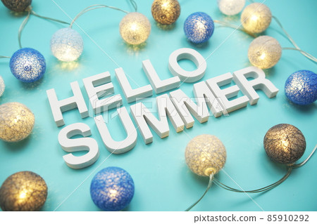 Hello Summer alphabet letter decorate with LED cotton balls on blue background Hello Summer alphabet letter decorate with LED cotton balls on blue background 85910292