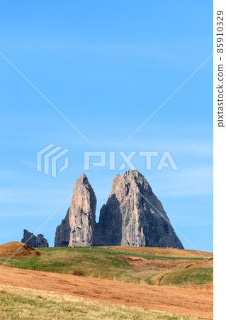 View on Punta Euringer mountain peak from Seiser Alm plateau. South Tyrol, Italy (Vertical photo) View on Punta Euringer mountain peak from Seiser Alm plateau. South Tyrol, Italy (Vertical photo) 85910329