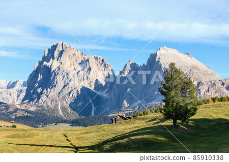 View of Sassolungo and Sassopiatto mountains in Seiser Alm high plateau View of Sassolungo and Sassopiatto mountains in Seiser Alm high plateau 85910338