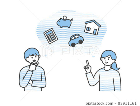 Illustration material that young men and women are thinking about future money Illustration material that young men and women are thinking about future money 85911161