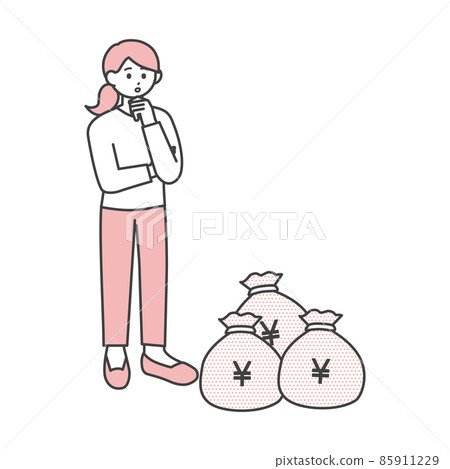 Illustration material of a young woman looking at a bag of money 85911229