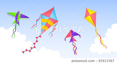 Kite in sky. Cartoon kites flying in clouds, happy festival banner. Summer outdoor play, kids colorful toys fly in wind. Seasonal neat vector background 85911567