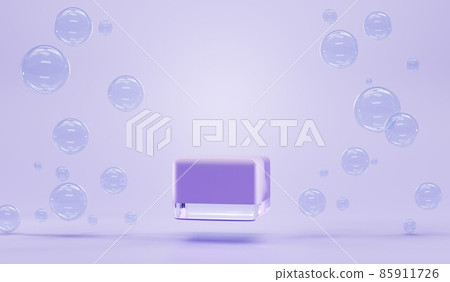 3d render, purple square podium with bubbles water on lavender background. Mockup floating glass geometric clear stage, empty platform with soap spheres or liquid balls for display product cosmetics 85911726