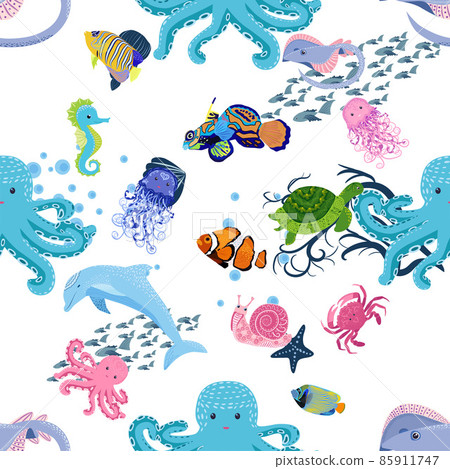Marine life, fish, animals bright seamless pattern. sea travel, underwater diving animal tropical fish. Jellyfish, whale, shark, seahorse, clown fish, dolphin, turtle emperor fish octopus stingray 85911747