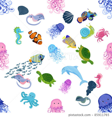 Marine life, fish, animals bright seamless pattern. sea travel, underwater diving animal tropical fish. Jellyfish, whale, shark, seahorse, clown fish, dolphin, turtle emperor fish octopus stingray Marine life, fish, animals bright seamless pattern. sea travel, underwater diving animal tropical fish. Jellyfish, whale, shark, seahorse, clown fish, dolphin, turtle emperor fish octopus stingray 85911765
