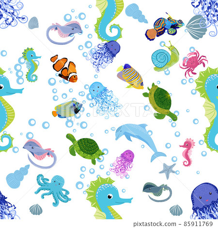 Marine life, fish, animals bright seamless pattern. sea travel, underwater diving animal tropical fish. Jellyfish, whale, shark, seahorse, clown fish, dolphin, turtle emperor fish octopus stingray Marine life, fish, animals bright seamless pattern. sea travel, underwater diving animal tropical fish. Jellyfish, whale, shark, seahorse, clown fish, dolphin, turtle emperor fish octopus stingray 85911769