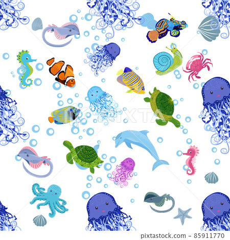 Marine life, fish, animals bright seamless pattern. sea travel, underwater diving animal tropical fish. Jellyfish, whale, shark, seahorse, clown fish, dolphin, turtle emperor fish octopus stingray Marine life, fish, animals bright seamless pattern. sea travel, underwater diving animal tropical fish. Jellyfish, whale, shark, seahorse, clown fish, dolphin, turtle emperor fish octopus stingray 85911770