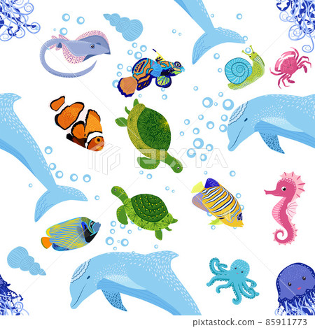 Marine life, fish, animals bright seamless pattern. sea travel, underwater diving animal tropical fish. Jellyfish, whale, shark, seahorse, clown fish, dolphin, turtle emperor fish octopus stingray 85911773