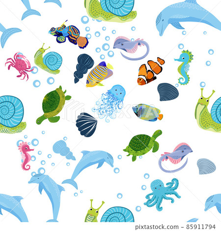 Sea inhabitants seamless pattern, beautiful character among seashells, seaweed, starfish, sea animals wildlife nature. 85911794