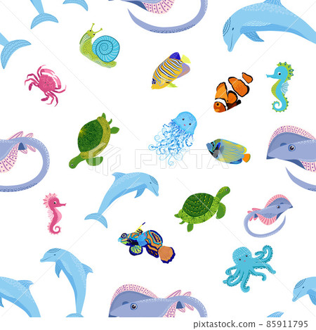 Sea inhabitants seamless pattern, beautiful character among seashells, seaweed, starfish, sea animals wildlife nature. 85911795
