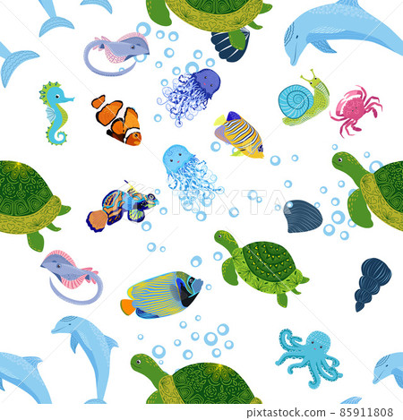 Sea inhabitants seamless pattern, beautiful character among seashells, seaweed, starfish, sea animals wildlife nature. 85911808