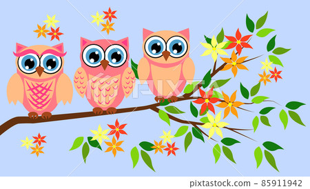 Three cute owls with big eyes in a trendy coral color on a blossoming tree branch, design, spring concept 85911942