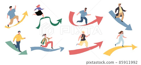 Flat cartoon characters runs along huge arrows,success achieving metaphor vector illustration concept 85911992