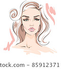 Hand-drawn fashion illustration of woman's face on white background. Beauty art of girl with natural makeup. Fashion drawing sketch of an elegant portrait. Romantic woman face with long eyelashes 85912371