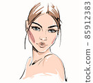 Hand-drawn fashion illustration of woman's face on white background. Beauty art of girl with natural makeup. Fashion drawing sketch of an elegant portrait. Romantic woman face with long eyelashes 85912383
