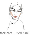 Hand-drawn fashion illustration of woman's abstract face on white background. Beauty art girl with makeup line art. Fashion drawing sketch poster. Beautiful woman face with long eyelashes and big lips 85912386