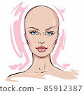 Hand-drawn fashion illustration of woman's face. Beauty art of girl with natural makeup with long eyelashes. Woman without hair illustration. Natural beauty makeup illustration. Modern portrait of 85912387