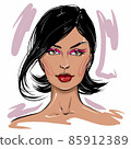Hand-drawn fashion illustration of woman's face. Beauty art of girl with pink makeup. Fashion sketch of a young woman portrait with black hair and red lipstick. Fashion beauty illustration vector 85912389