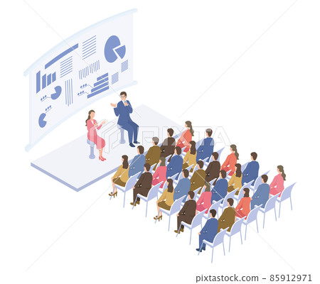 Isometric illustrations of people attending dialogue-style business seminars 85912971