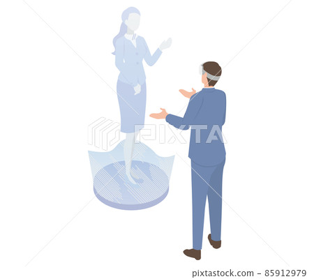 使用 AR 鏡頭與漂浮在 3D 空間中的 3D 女性互動的等距圖 使用 AR 鏡頭與漂浮在 3D 空間中的 3D 女性互動的等距圖 85912979