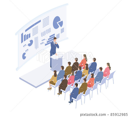 Isometric illustrations of people attending business seminars by male lecturers 85912985
