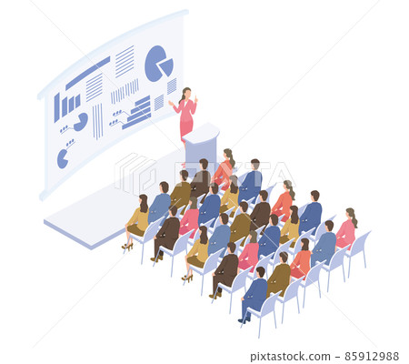 Isometric illustrations of people attending business seminars of popular female lecturers 85912988