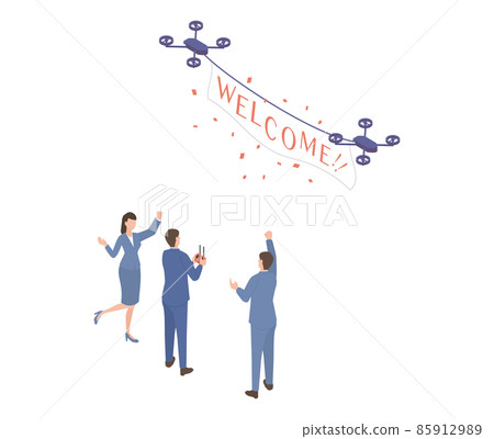 A businessman operating a drone with a curtain labeled Welcome 85912989
