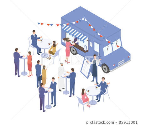 Isometric illustration of a kitchen car crowded with customers near the office Isometric illustration of a kitchen car crowded with customers near the office 85913001