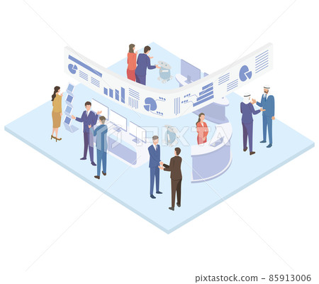 Isometric illustrations of business people having business talks at global exhibitions 85913006